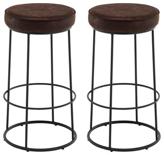 Set of 2 Round Circular Base Leathaire Bar Stools, Dark Brown