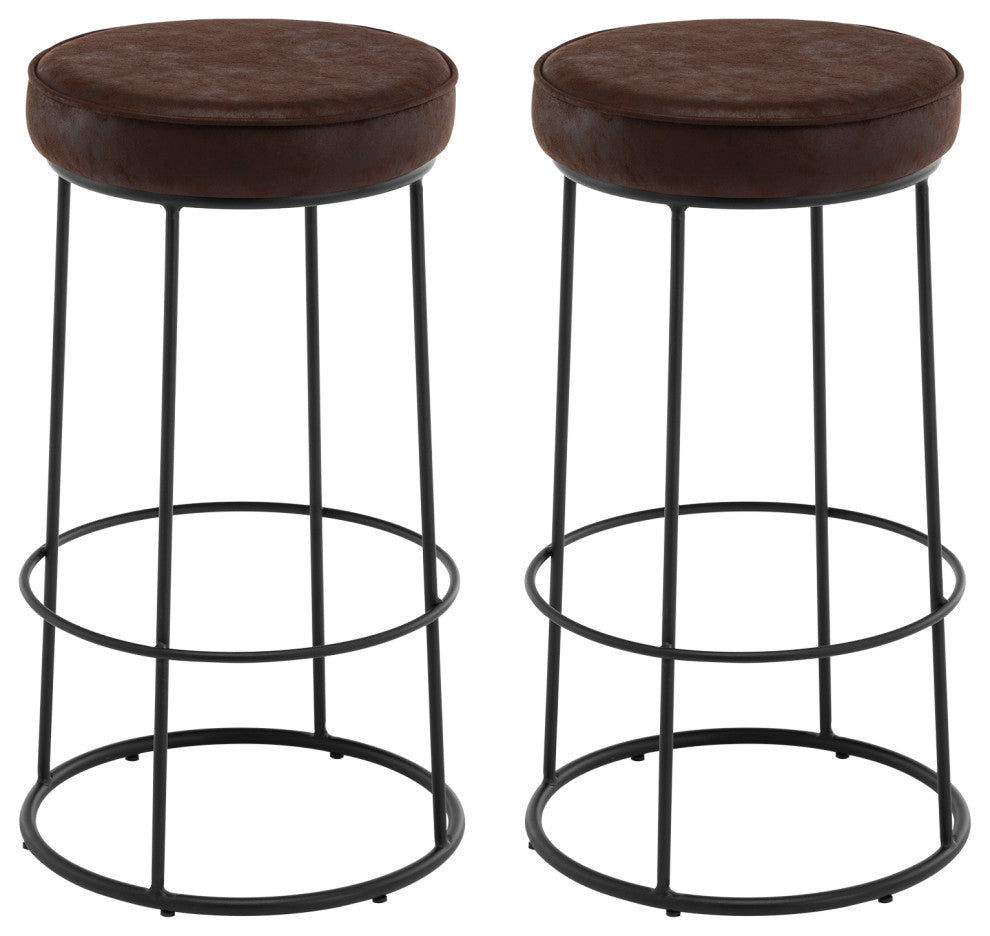 Set of 2 Round Circular Base Leathaire Bar Stools, Dark Brown