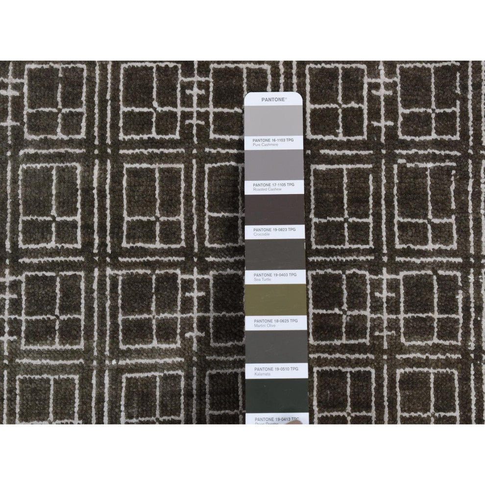 Chocolate Brown, Small Box Design, Wool and Silk, Hand Knotted, Rug, 8'1"x9'9"