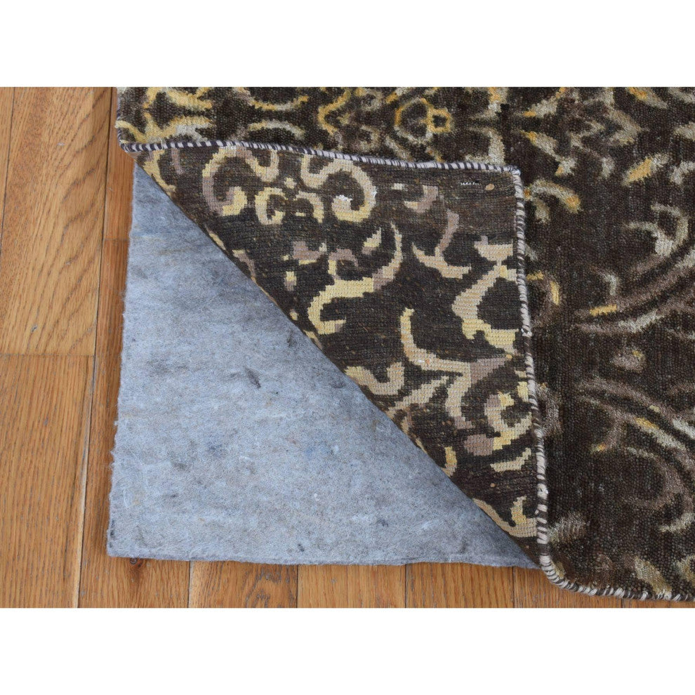 Brown Hand Knotted Damask Tone on Tone Wool and Silk Runner Rug 2'x9'10"