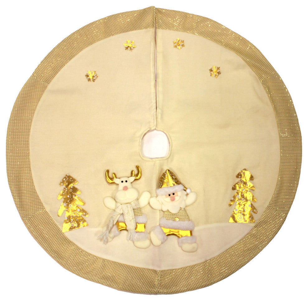 40" Reindeer & Santa Embroidered White Gold Christmas Tree Skirt