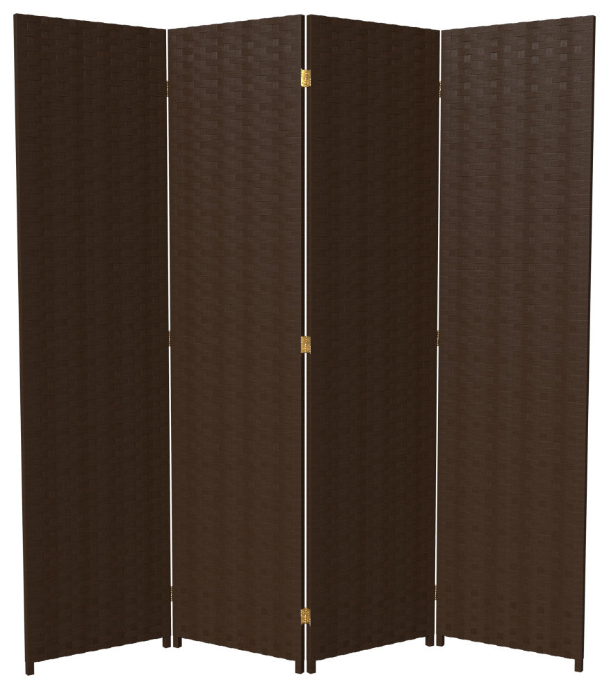 6' Tall Woven Fiber Room Divider, 4 Panel, Dark Mocha