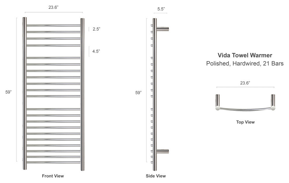 Vida Towel Warmer, Polished, Hardwired, 21 Bars