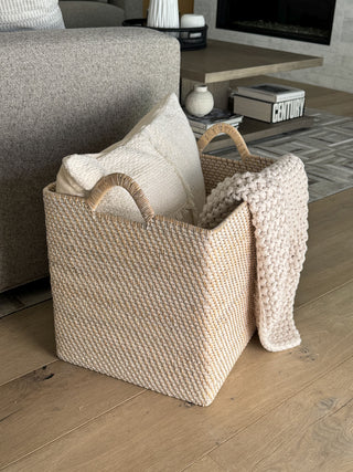 Loma Rectangular Tall Decorative Rattan Storage Basket with Ear Handles, Large, White Wash