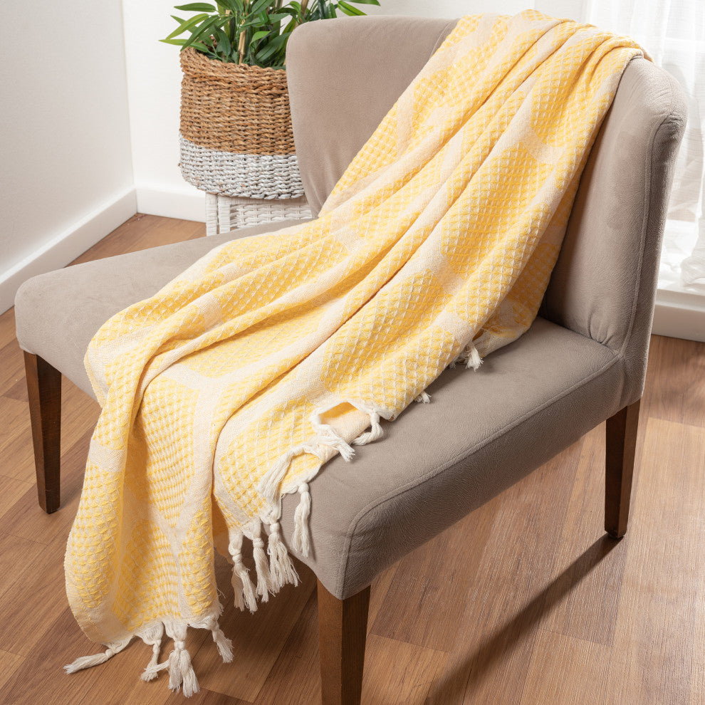Blue/ Cream Geometric Turkish Organic Cotton Throw Blanket, Yellow