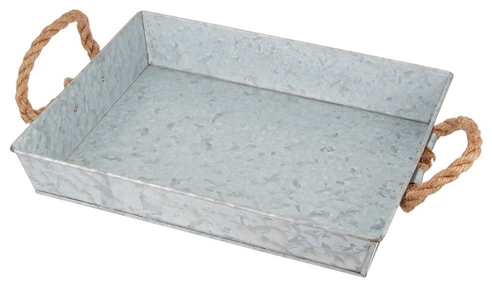 Benzara Mix Media Galvanized Tray  With Rope Handles, Gray