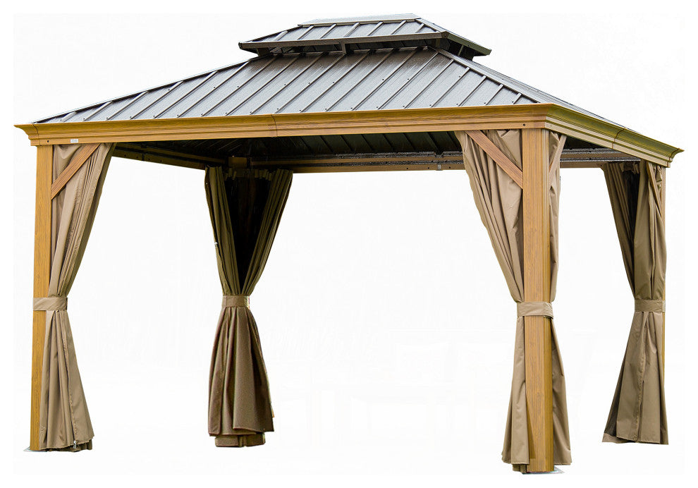Hardtop Gazebo, Aluminum Frame Canopy with Galvanized Steel Double Roof, Yellow Brown