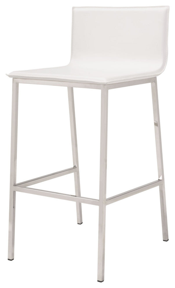Bar Stool Chair Barstool, Set of 2, Faux Vinyl Leather, Steel, White, Silver