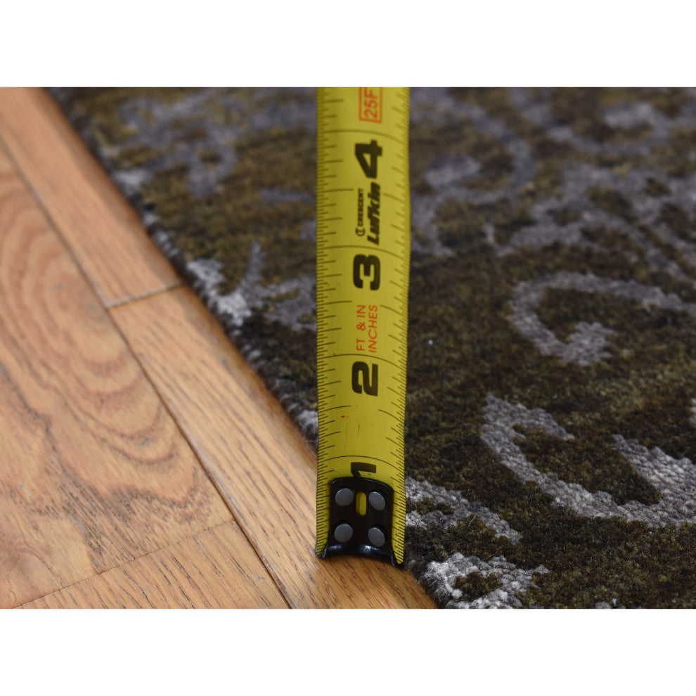 Green Abarasque Motif Design Wool and Silk Hand Knotted Runner Rug 2'4"x9'8"