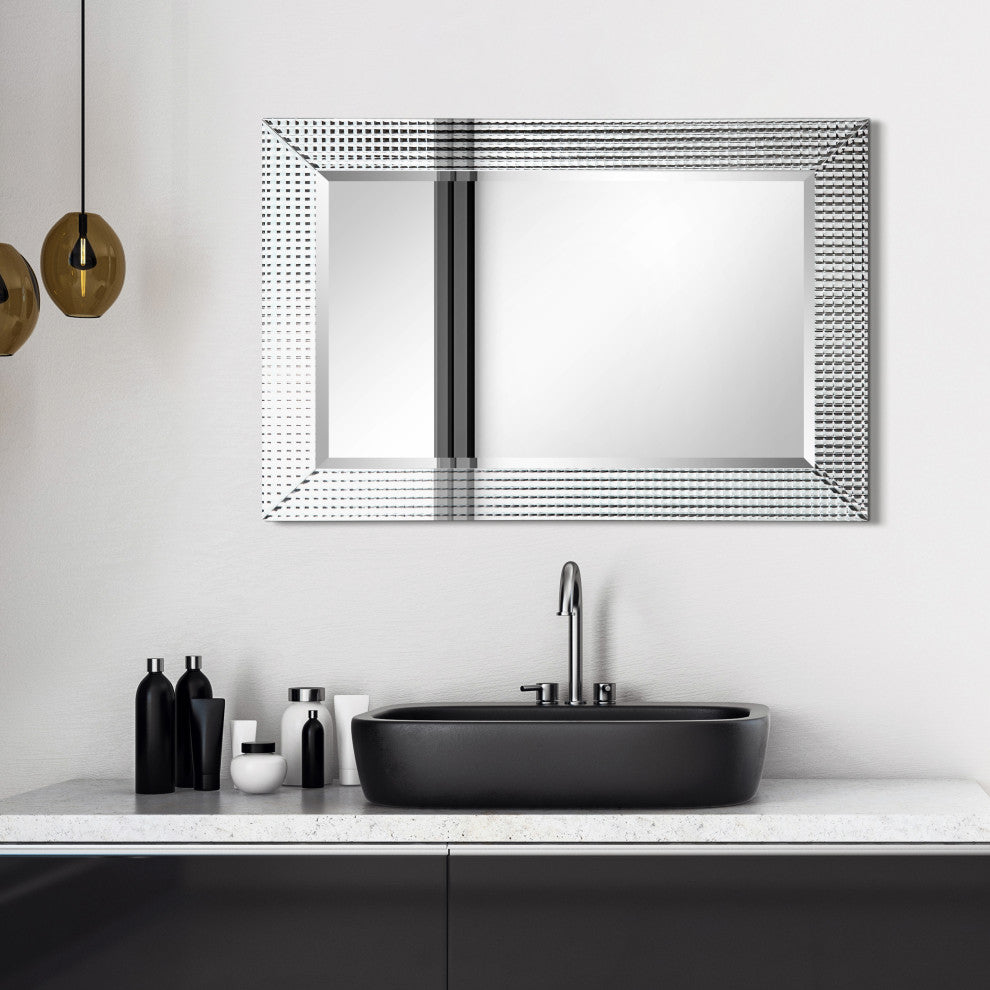 Bling Beveled Glass Rectangle Wall Mirr, 1" Beveled Center, Wood Frame, 36"x24"