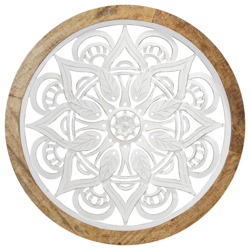 Distressed Wood Framed Round White Floral Wall Accent Medallion - 24"