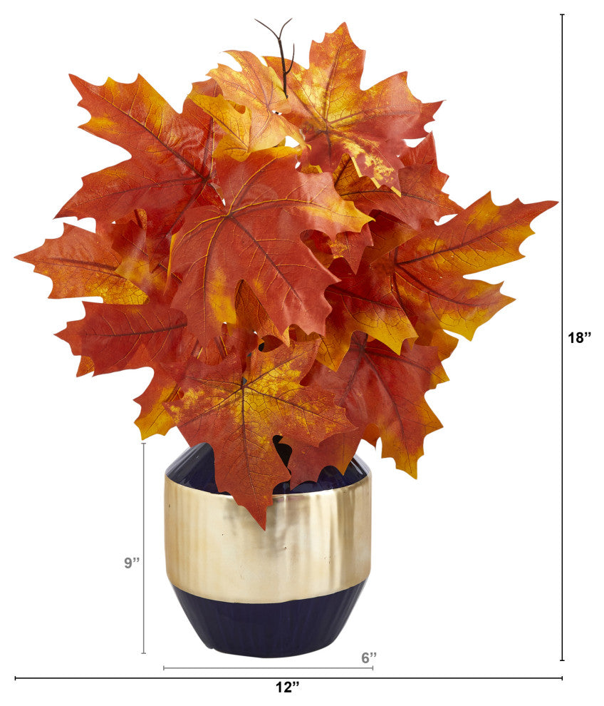 18" Autumn Maple Leaf Artificial Plant, Blue and Gold Planter