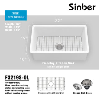 Sinber 32" Drop in Single Bowl Kitchen Sink with Fireclay White Finish