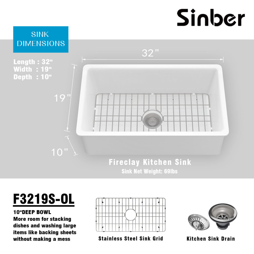 Sinber 32" Drop in Single Bowl Kitchen Sink with Fireclay White Finish