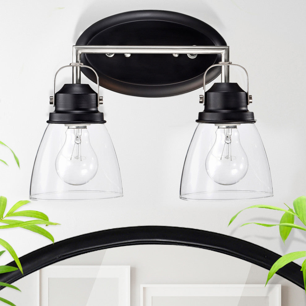 2-Light Black and Brushed Nickel Finish Vanity Lights With Clear Glass Shades