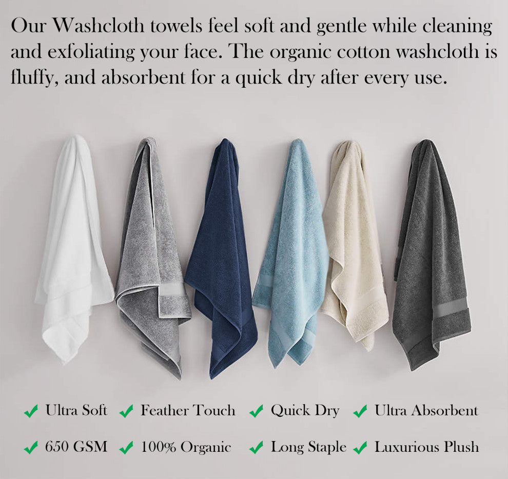Delara 100% Organic Cotton Plush Wash Cloths, Set of 6, 13"x13", Dark Grey