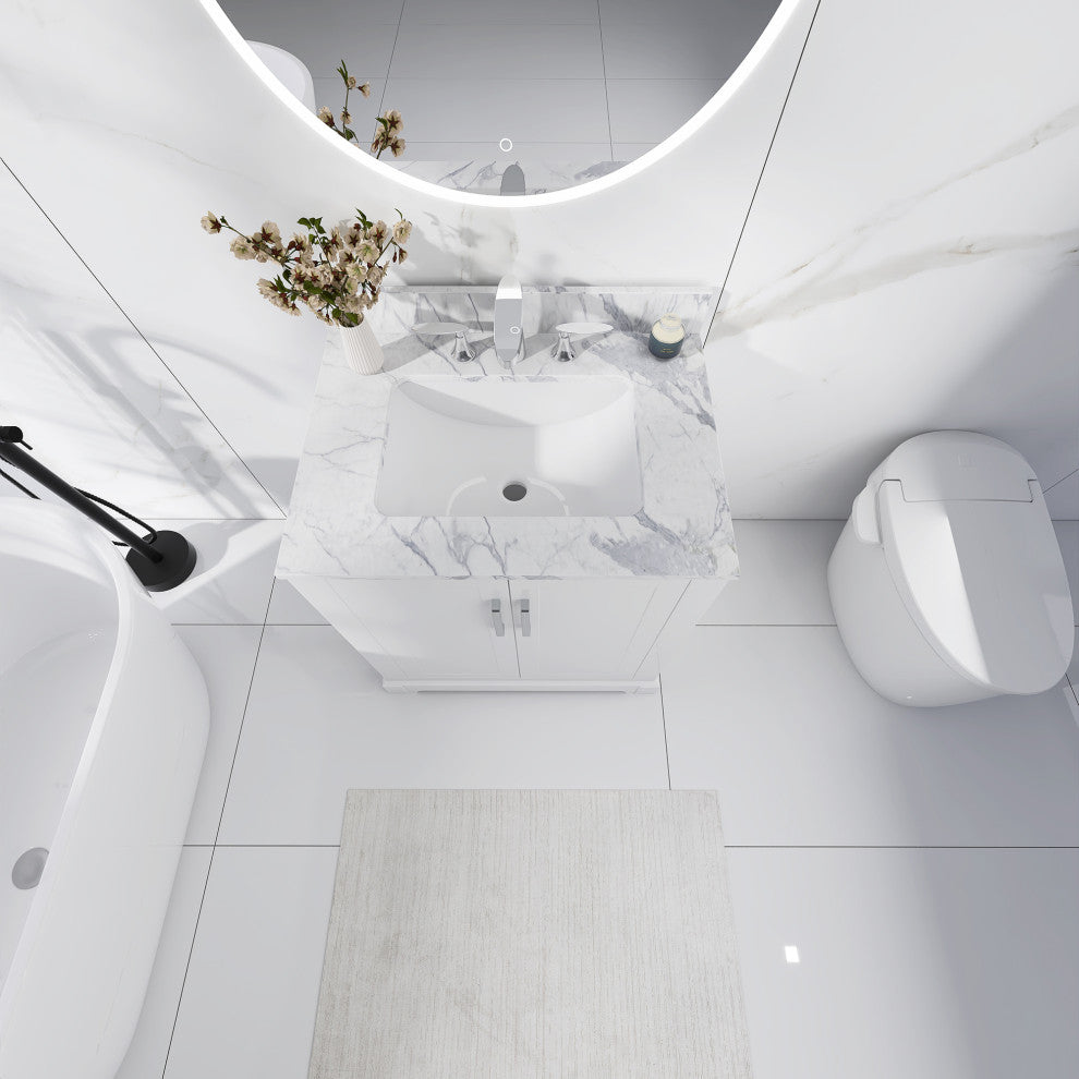 30" W x 22" D x 33" H Bath Vanity, White With Carrara White Marble
