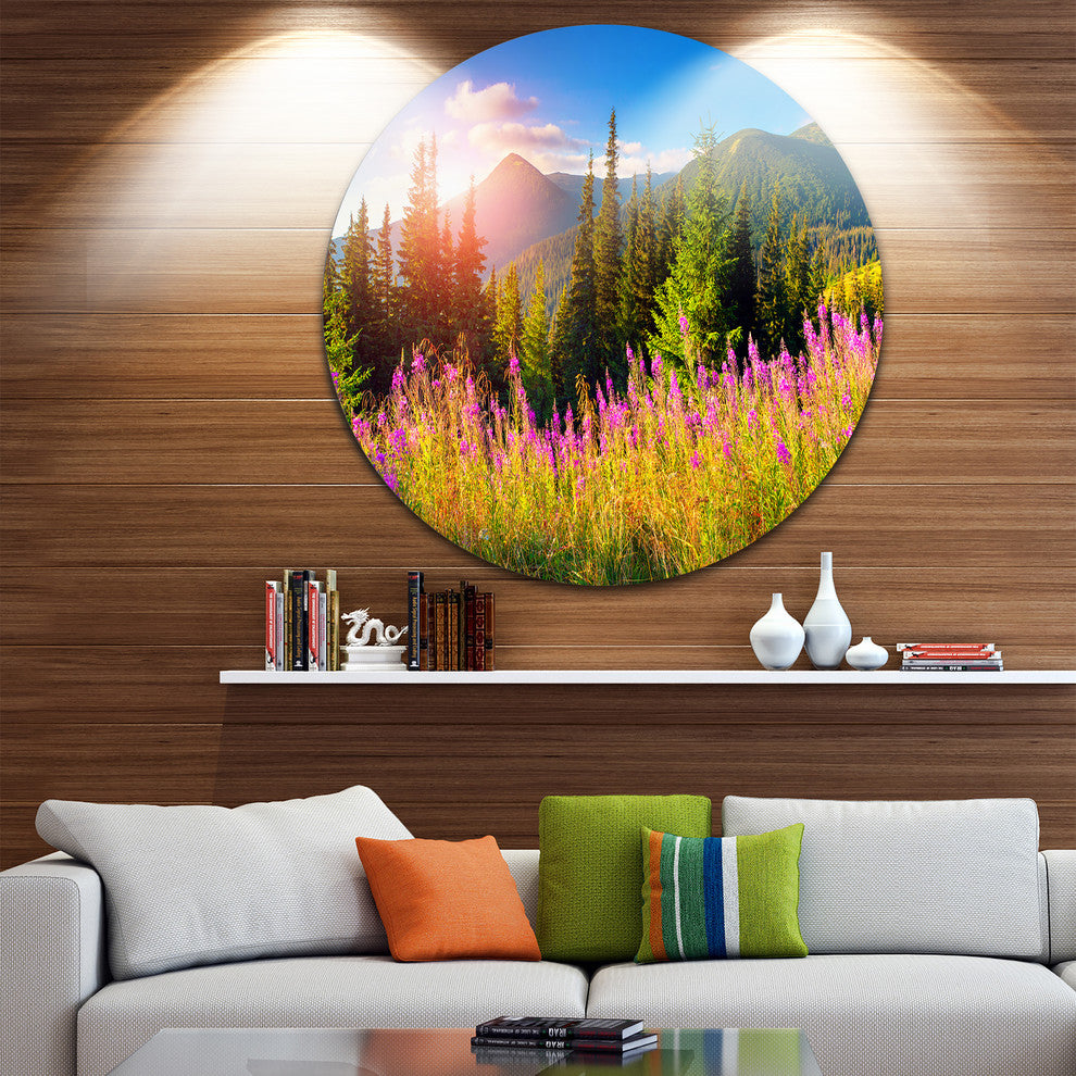 Mountains With Pink Flowers, Landscape Floral Round Wall Art, 36"