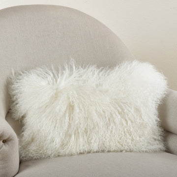Mongolian Lamb Fur Poly Filled Throw Pillow, Ivory, 12"x20"