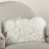 Mongolian Lamb Fur Poly Filled Throw Pillow, Ivory, 12"x20"
