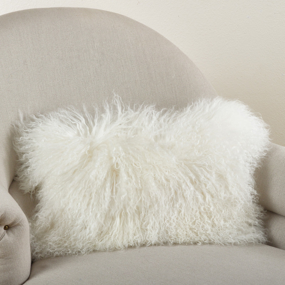 Mongolian Lamb Fur Poly Filled Throw Pillow, Ivory, 12"x20"