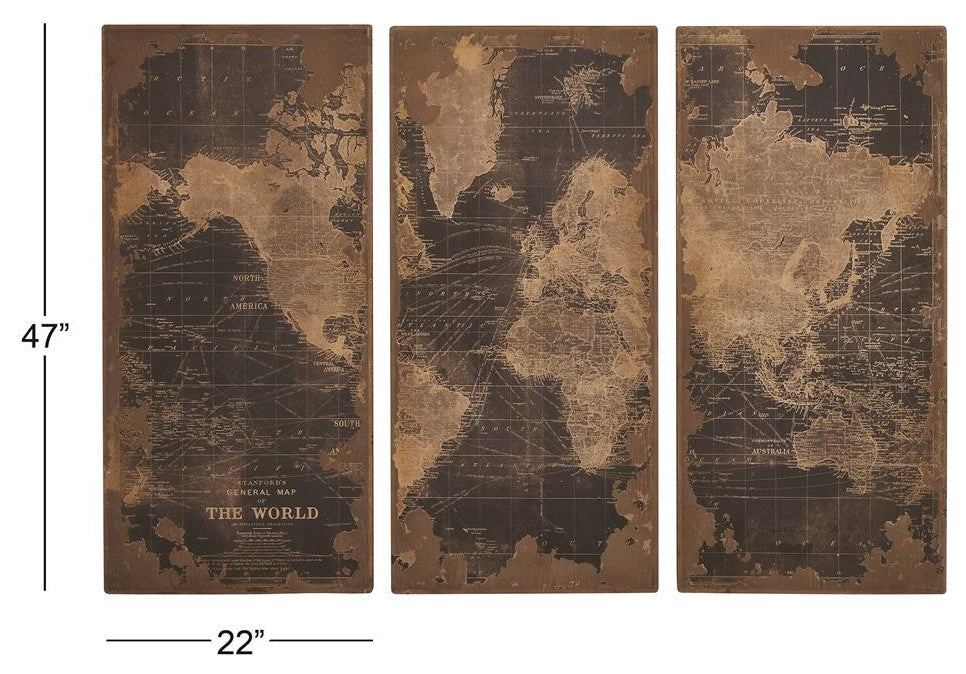 Black Wood Vintage World Map Wall, Set of 3