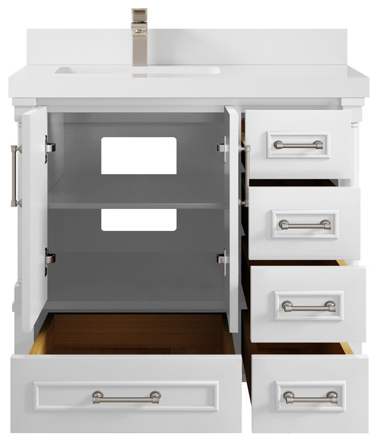 Aberdeen 36 Left Offset Bath Vanity in White 2" White Quartz