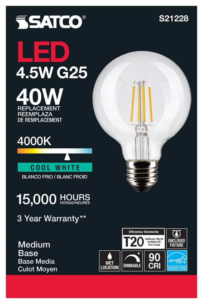 4.5W G25 LED, Clear, Medium Base, 90 CRI, 4000K, 120V