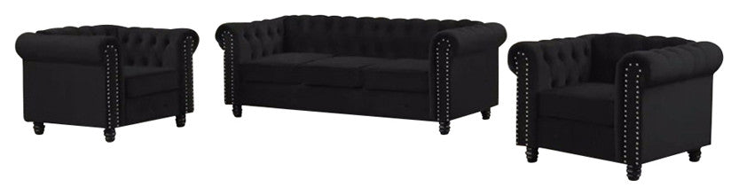 UFE Velvet Living Room 3 Set Sofa Loveseat Chair Black, Sofa, Loveseat, Chair