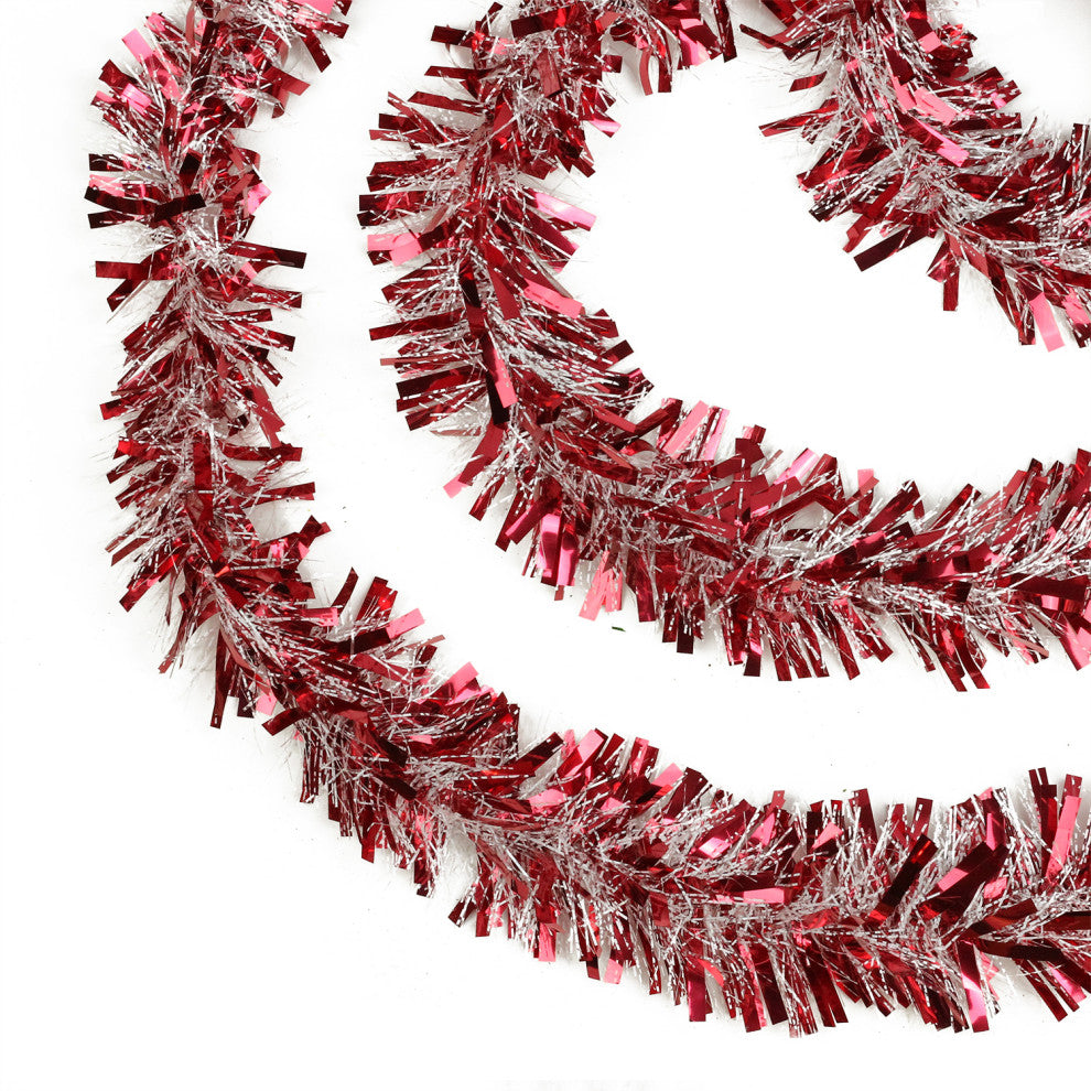 50' Festive Red and White Thick Cut Christmas Tinsel Garland, Unlit, 6 Ply