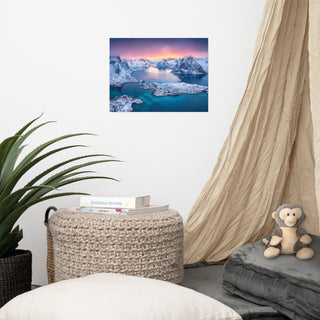 Reine at Winter Sunset Icy Mountain Landscape Photo Loose Wall Art Prints, 12" X 16"