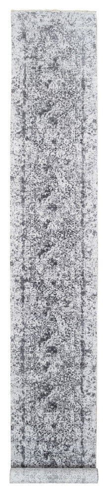 Gray Hand Knotted Erased Persian Design Wool and Silk XL Runner Rug, 2'7"x18'1"