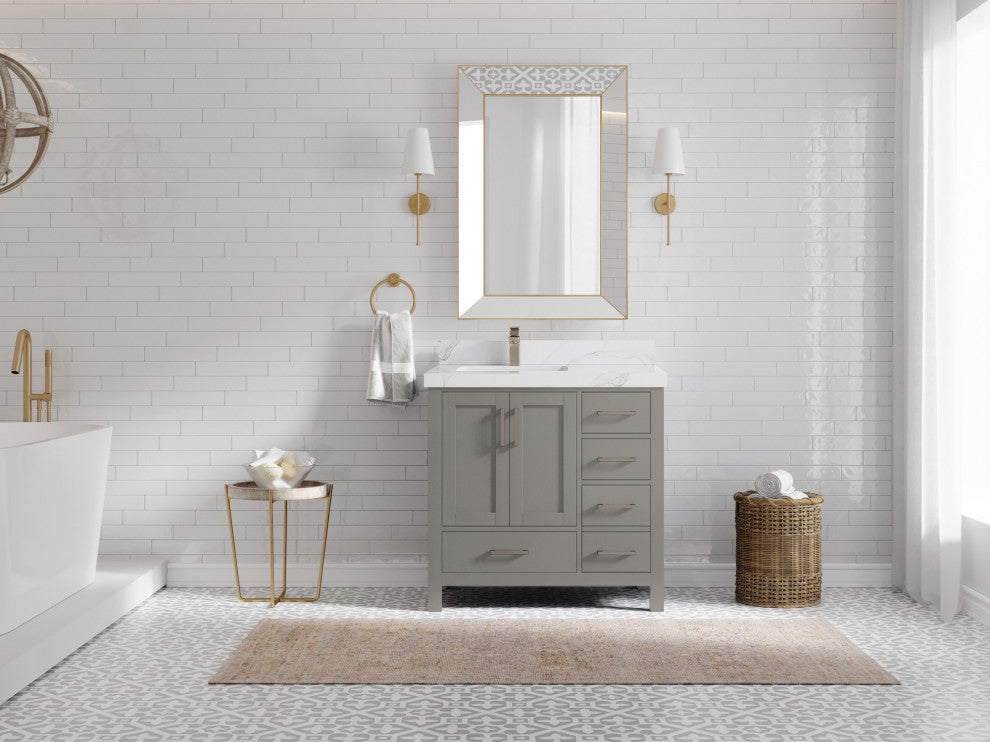 Malibu 36 Left Offset Bath Vanity in Elephant Skin Gray 2" Calacatta Sienna