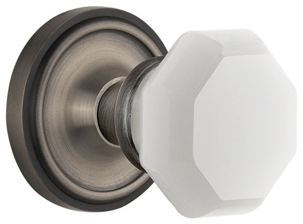 Classic Rosette Privacy Waldorf White Milk Glass Knob, Antique Pewter