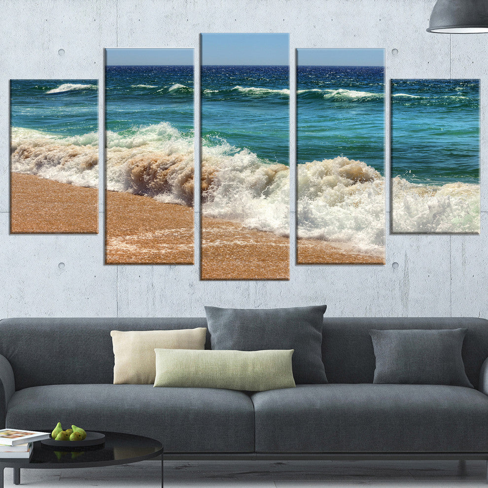 "Atlantic Beach With Foaming Waves" Seascape Art Canvas, 5 Panels, 60"x32"