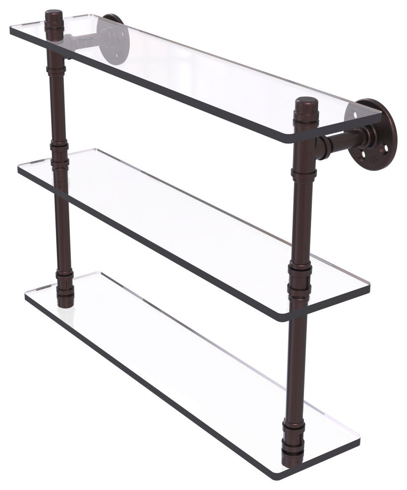 Pipeline Triple Glass Shelf, Antique Bronze, 22"