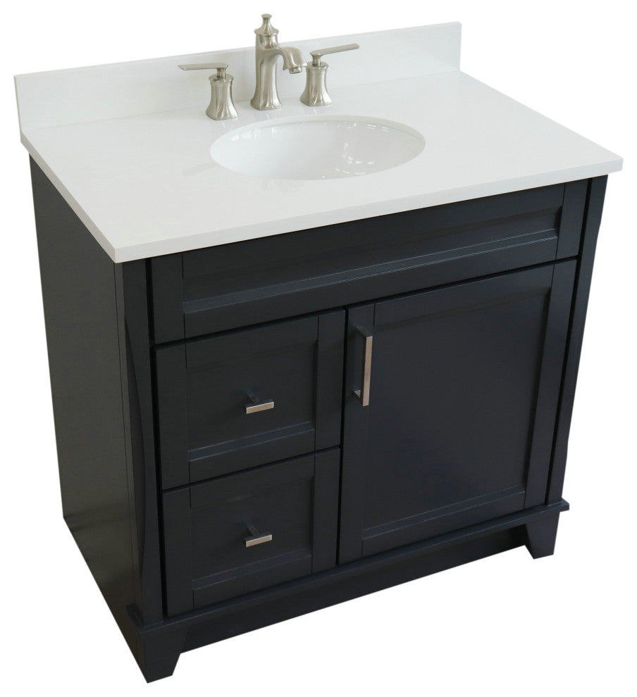 37" Single Sink Vanity, Dark Gray Finish With White Engineered Stone Top
