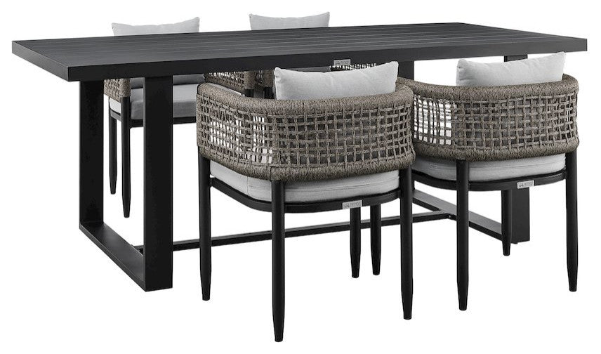 Outdoor Patio 5-Piece Dining Table Set in Aluminum with Gray Rope and Cushions