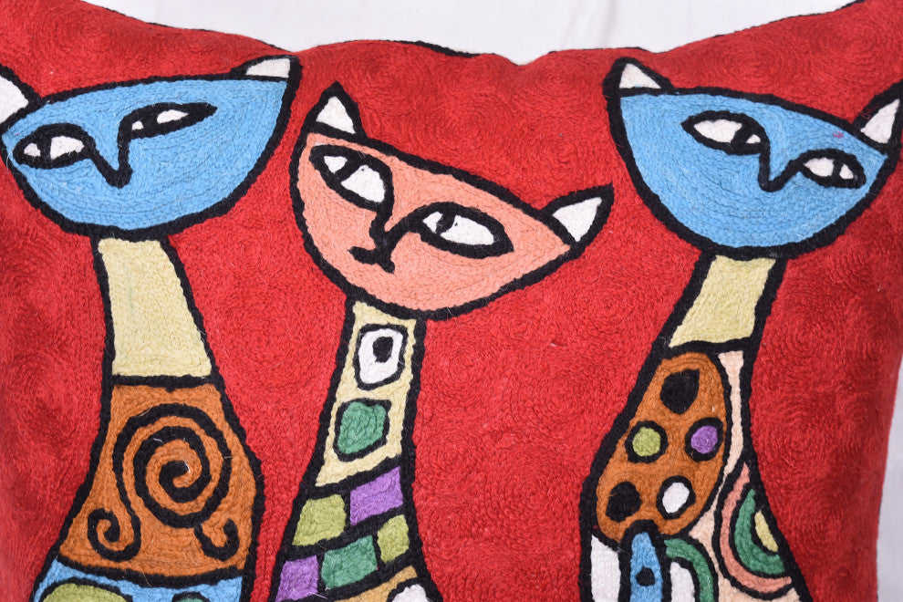 Red Cat Pillow Cover Kitty Face Cushions Wool Hand Embroidered Wool 18x18