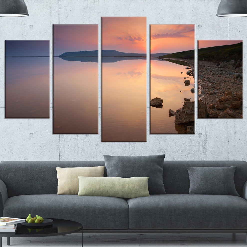 Beautiful Sunrise over Tranquil Sea, Seashore Canvas Print, 60"x32", 5 Panels