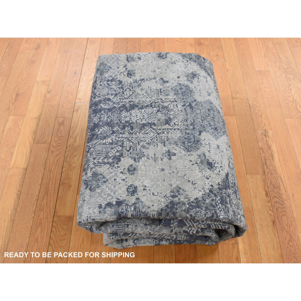 Ash Gray Jewellery Design Half Wool and Half Silk Hand Knotted Rug 7'10"x10'