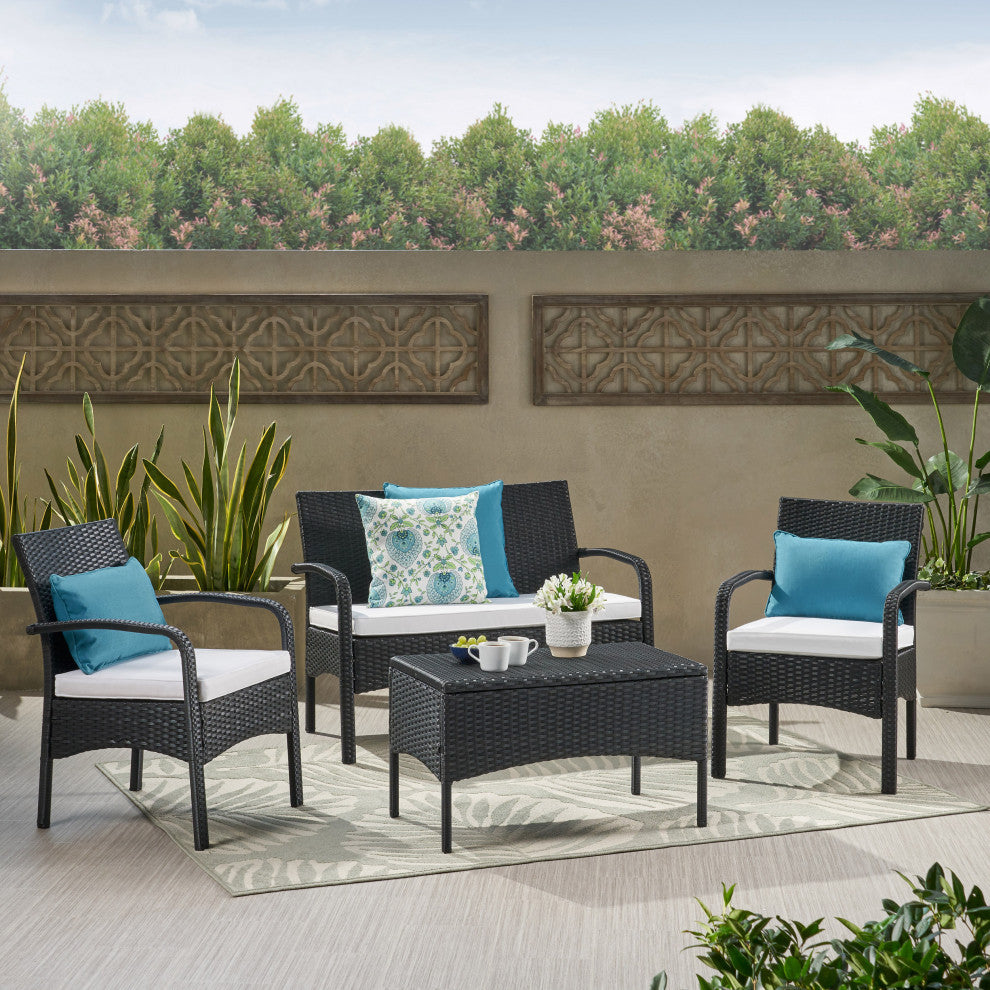 GDF Studio 4-Piece Clayton Outdoor Black Wicker Chat Set With White Cushion