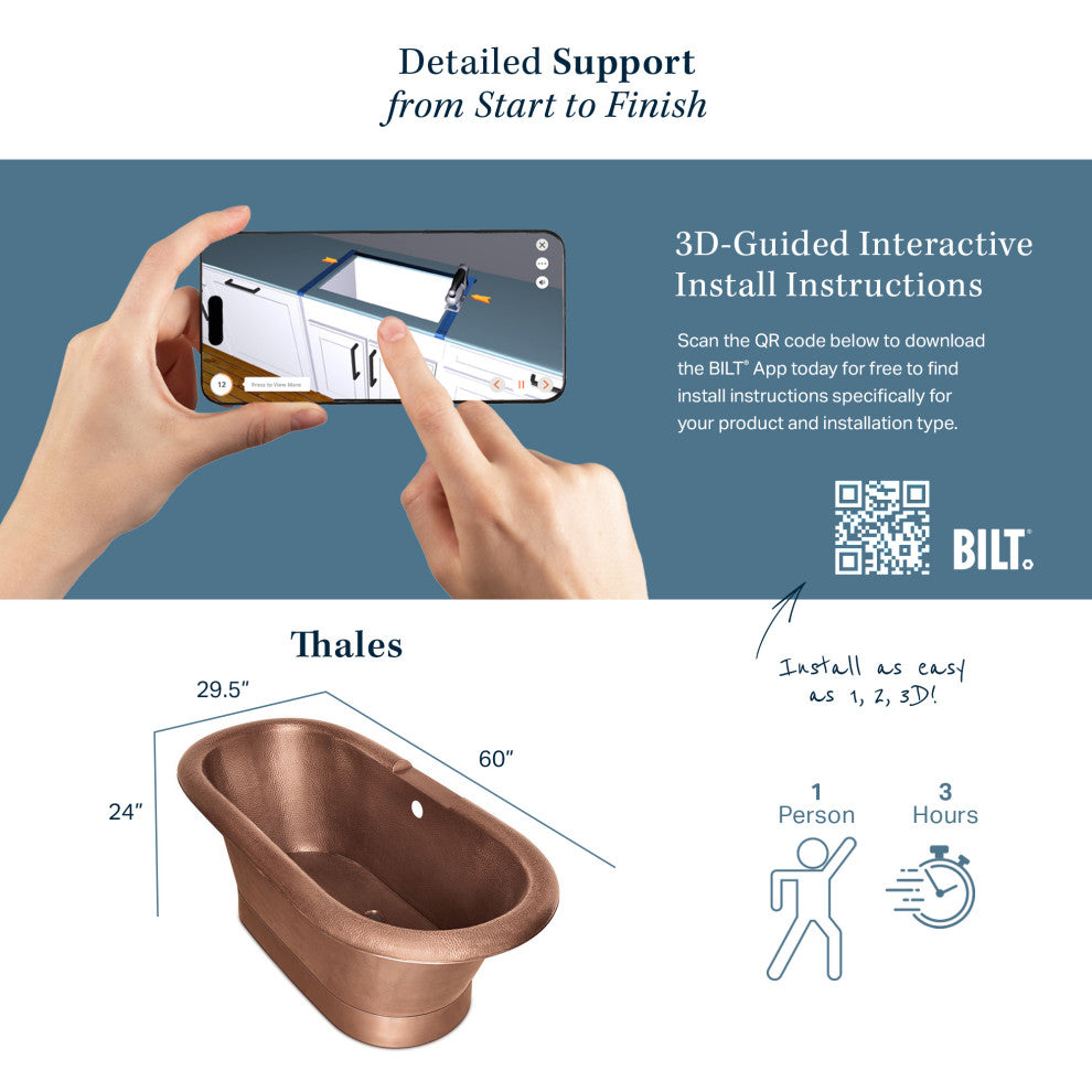 Thales 5' Copper Freestanding Bathtub with Overflow, 0 Hole