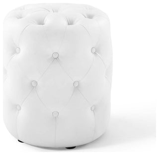 Amour Tufted Button Round Faux Leather Ottoman-White