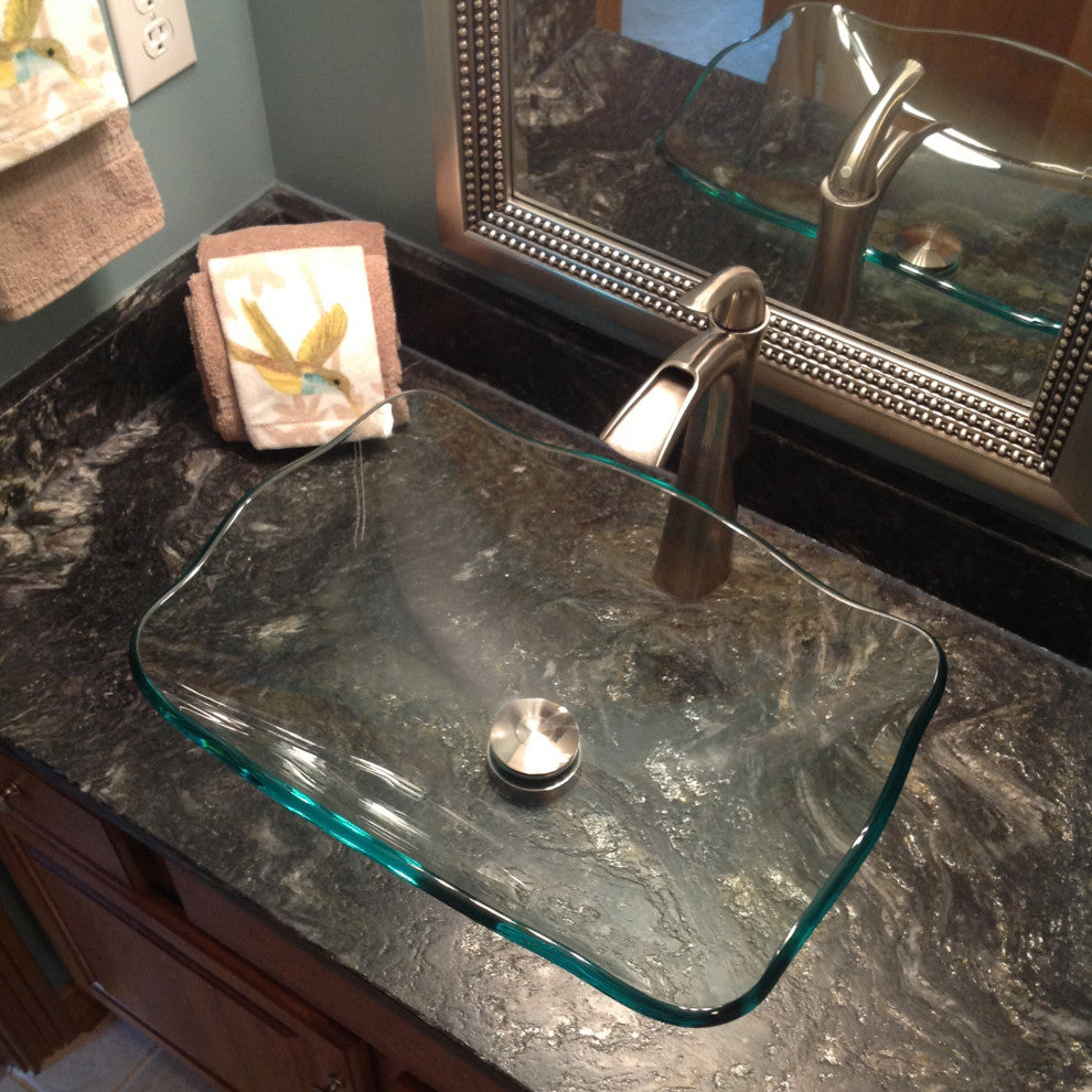 Elegante TIS-317C Clear Scalloped Glass Vessel Bathroom Sink w/ Drain Options, Matte Black