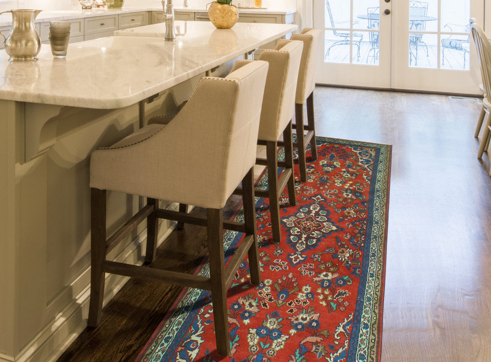 Fine Vintage Distressed Alger Red/Blue Runner, 3'5 x 10'0