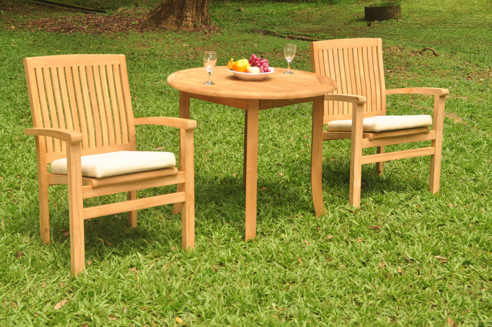 3-Piece Outdoor Teak Dining Set: 36" Round Table, 2 Wave Stacking Arm Chairs