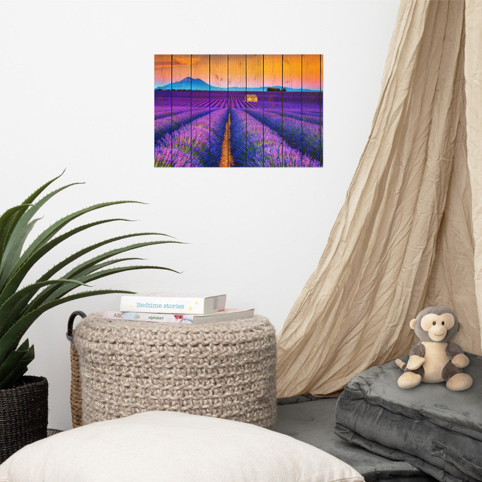 Faux Wood Lavender Fields and Sunset Landscape Unframed Wall Art Prints, 12" X 18"