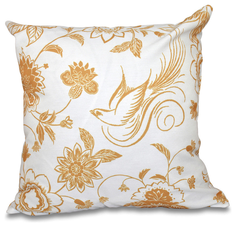Traditional Bird Floral, Floral Print Pillow, Gold, 20"x20"