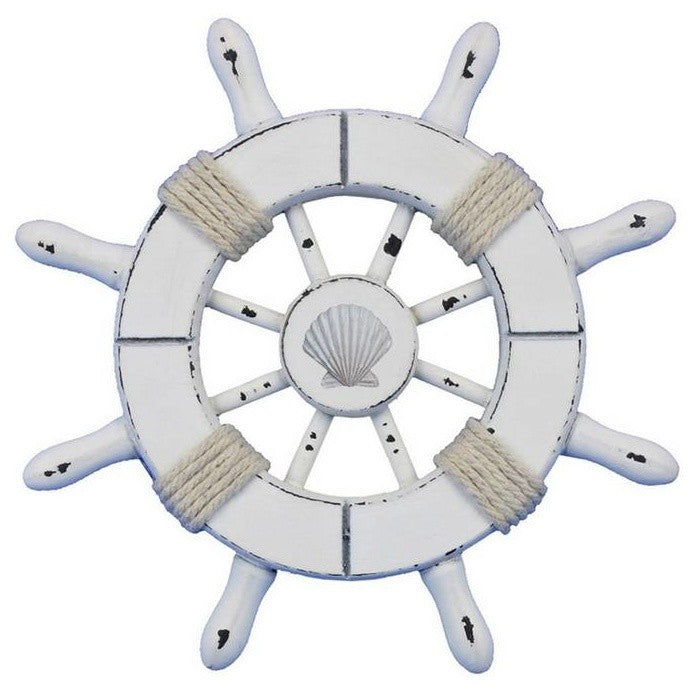 Rustic All White Decorative Ship Wheel With Seashell 6'', Boat Steering Wheel